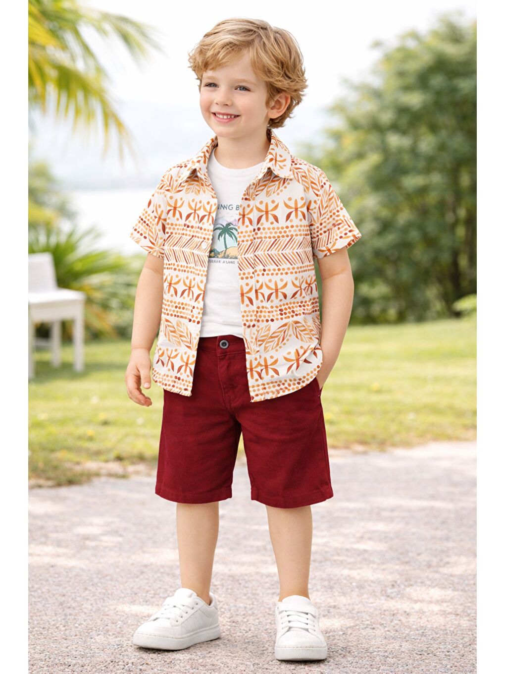 Kırmızı Tarz Gömlek Yaprak Desenli Belden Ayarlanabilir Kısa Kollu Şortlu 3'lü Takım Çocuk ve Bebek Giy