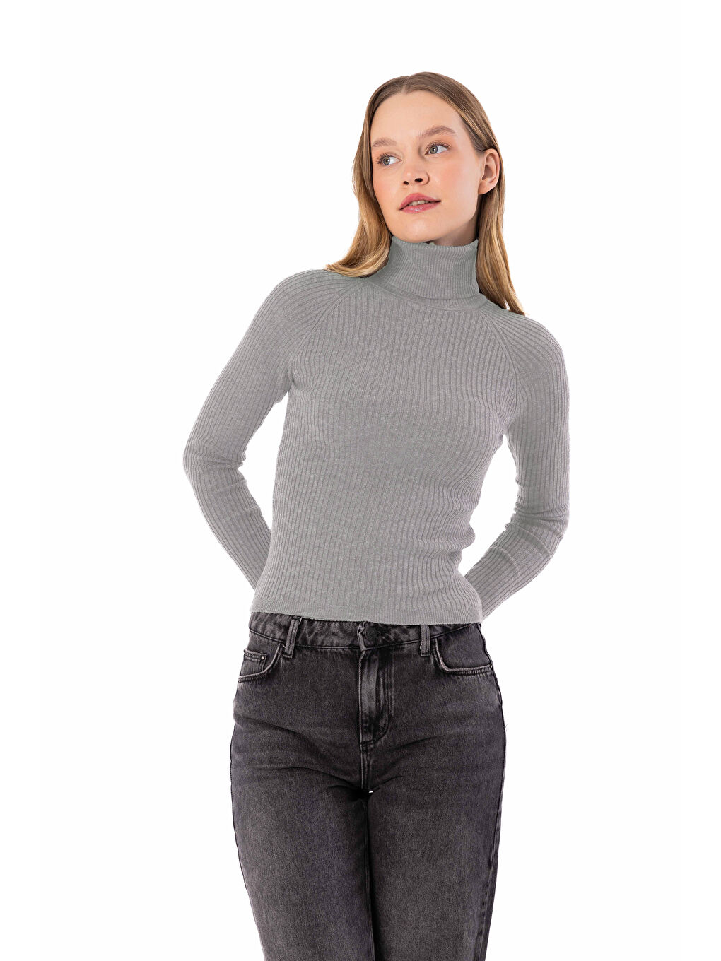 Boğazlı Yaka Düz Triko Kazak - Gri Renk-2