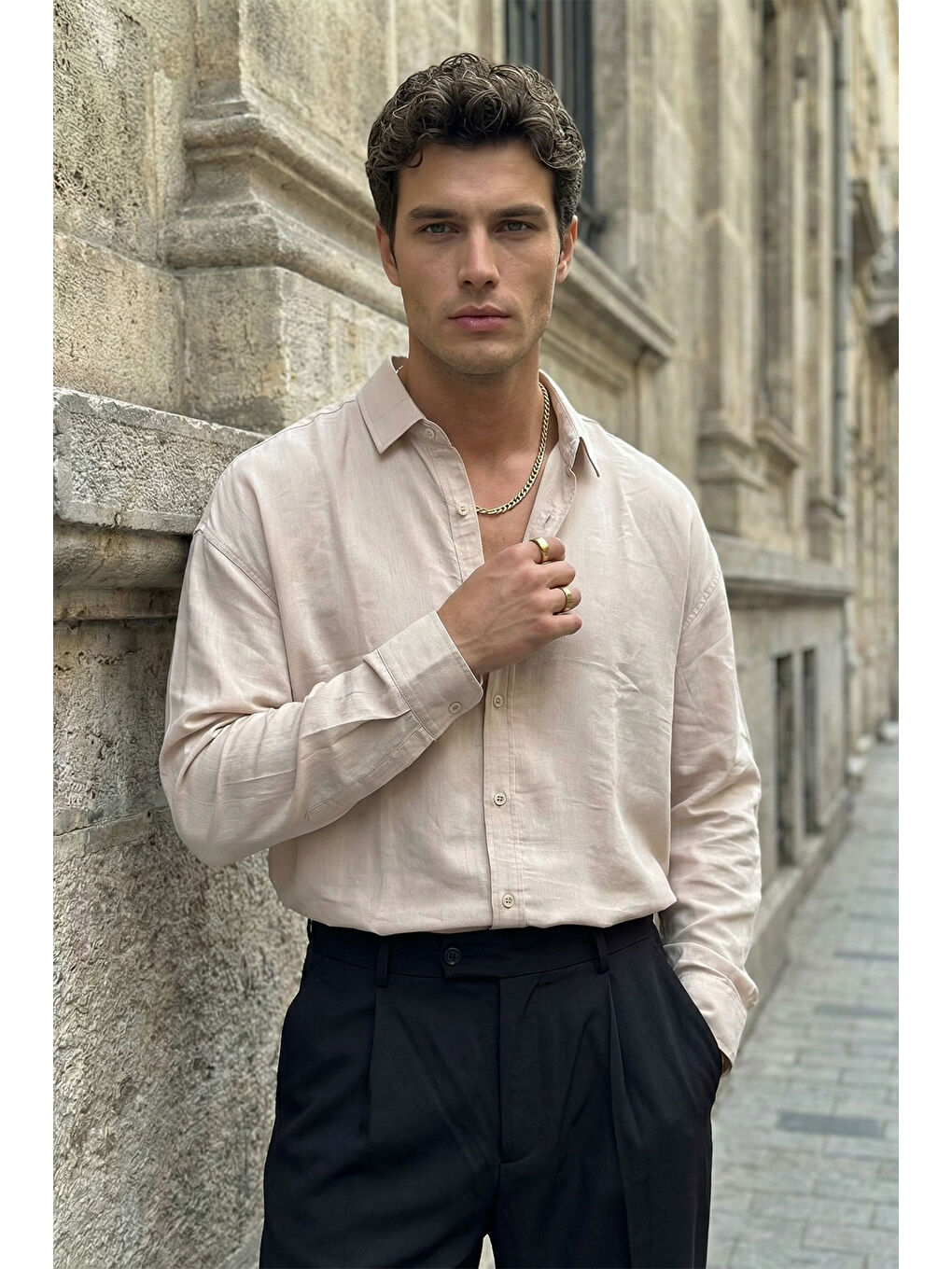 Ekru Hive Premium Oversize Erkek Gömlek Kendinden Çizgili