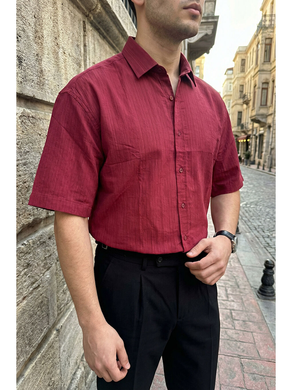 Bordo Saga Yüksek Kalite Modal Erkek Kısa Kol Gömlek Premium Dokulu-1