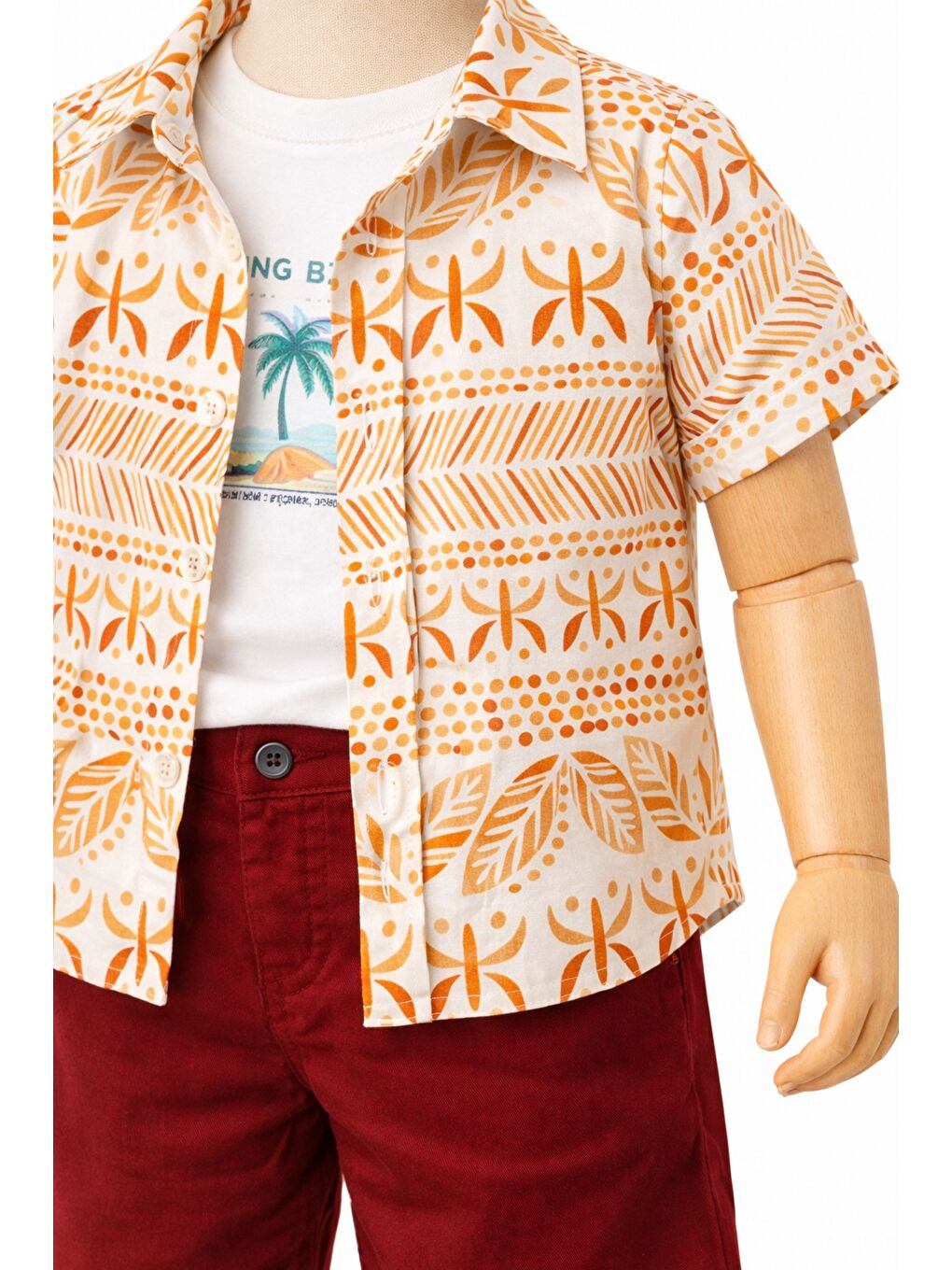 Kırmızı Tarz Gömlek Yaprak Desenli Belden Ayarlanabilir Kısa Kollu Şortlu 3'lü Takım Çocuk ve Bebek Giy-2