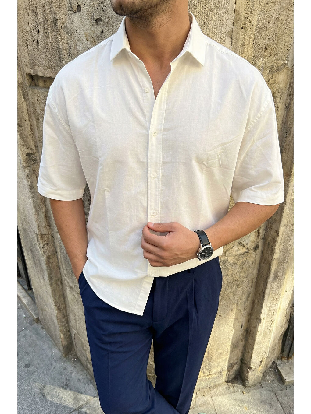 Beyaz Saga Yüksek Kalite Modal Erkek Kısa Kol Gömlek Premium Dokulu-1