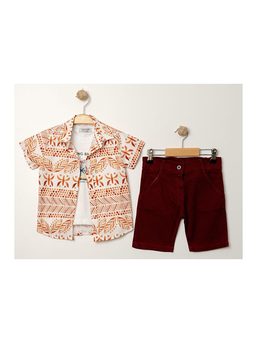 Kırmızı Tarz Gömlek Yaprak Desenli Belden Ayarlanabilir Kısa Kollu Şortlu 3'lü Takım Çocuk ve Bebek Giy-3