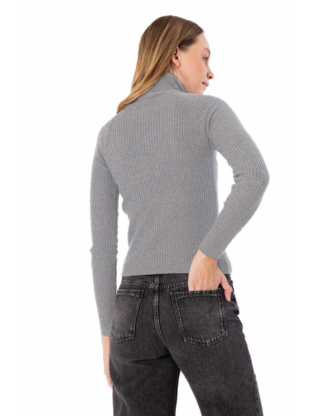 Boğazlı Yaka Düz Triko Kazak - Gri Renk-3