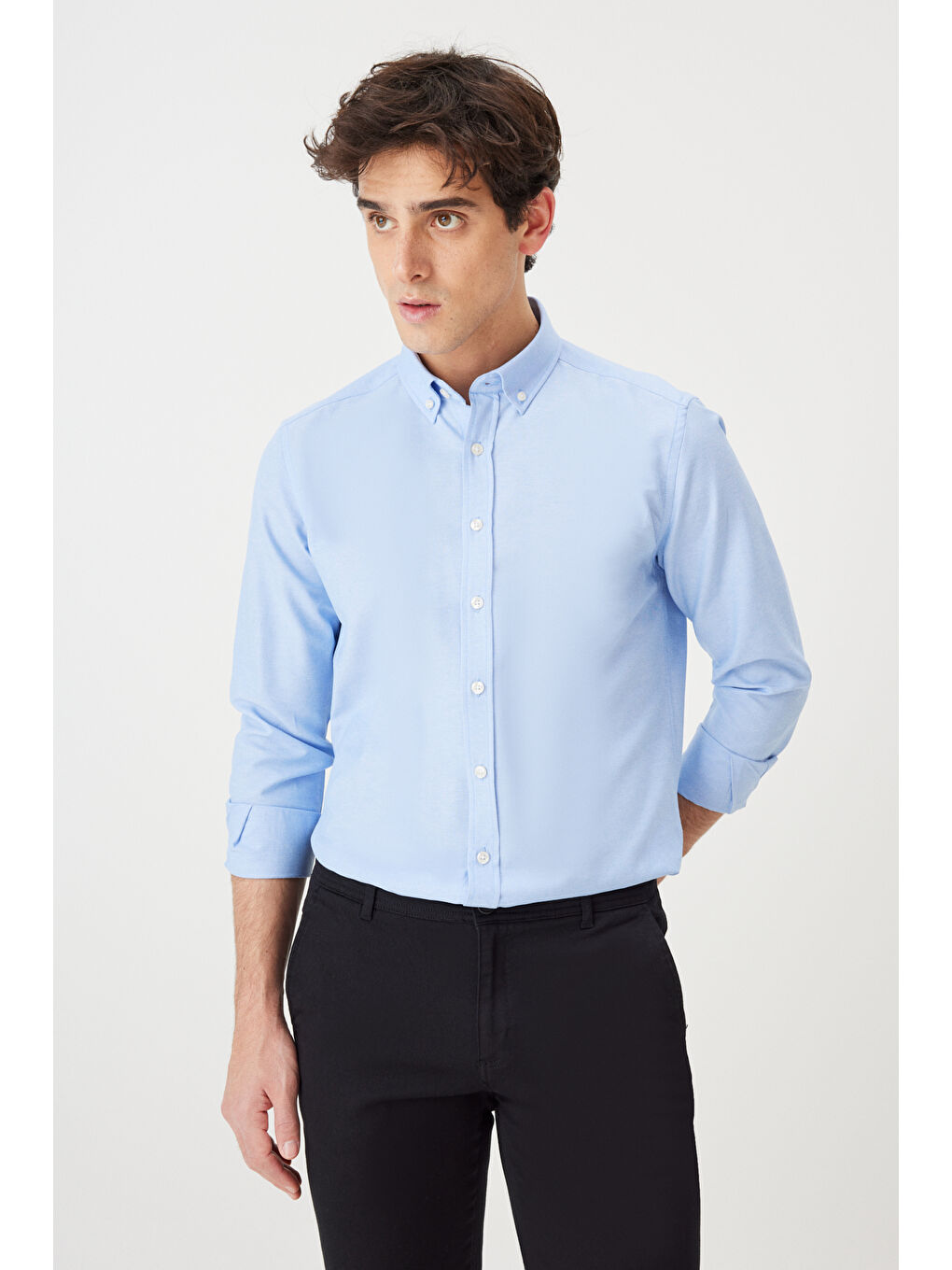 Beyaz Erkek BEYAZ-MAVI 2'li Pamuklu Kolay Ütülenebilir Slim Fit Dar Kesim Oxford Gömlek Paketi-2