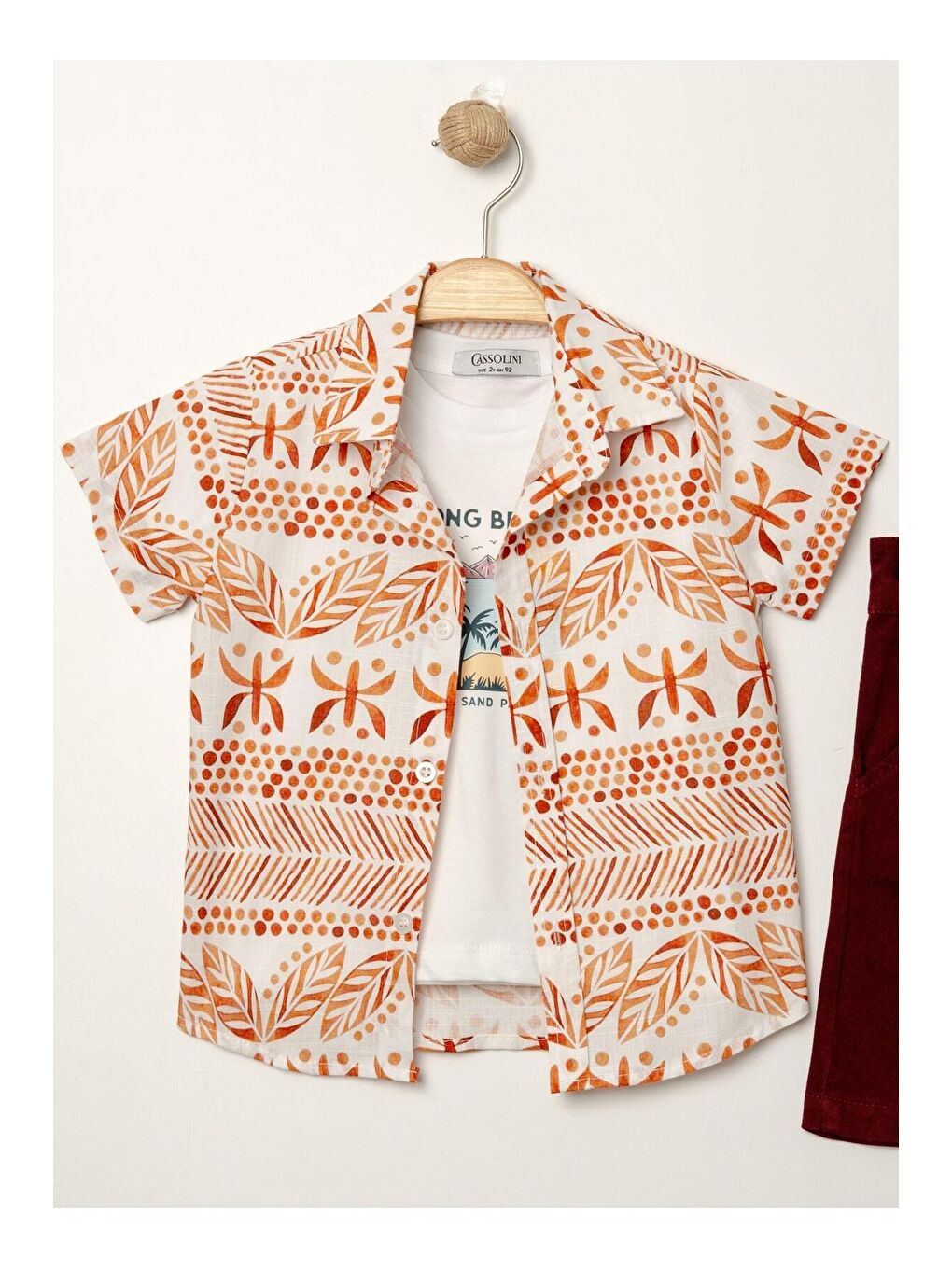 Kırmızı Tarz Gömlek Yaprak Desenli Belden Ayarlanabilir Kısa Kollu Şortlu 3'lü Takım Çocuk ve Bebek Giy-4