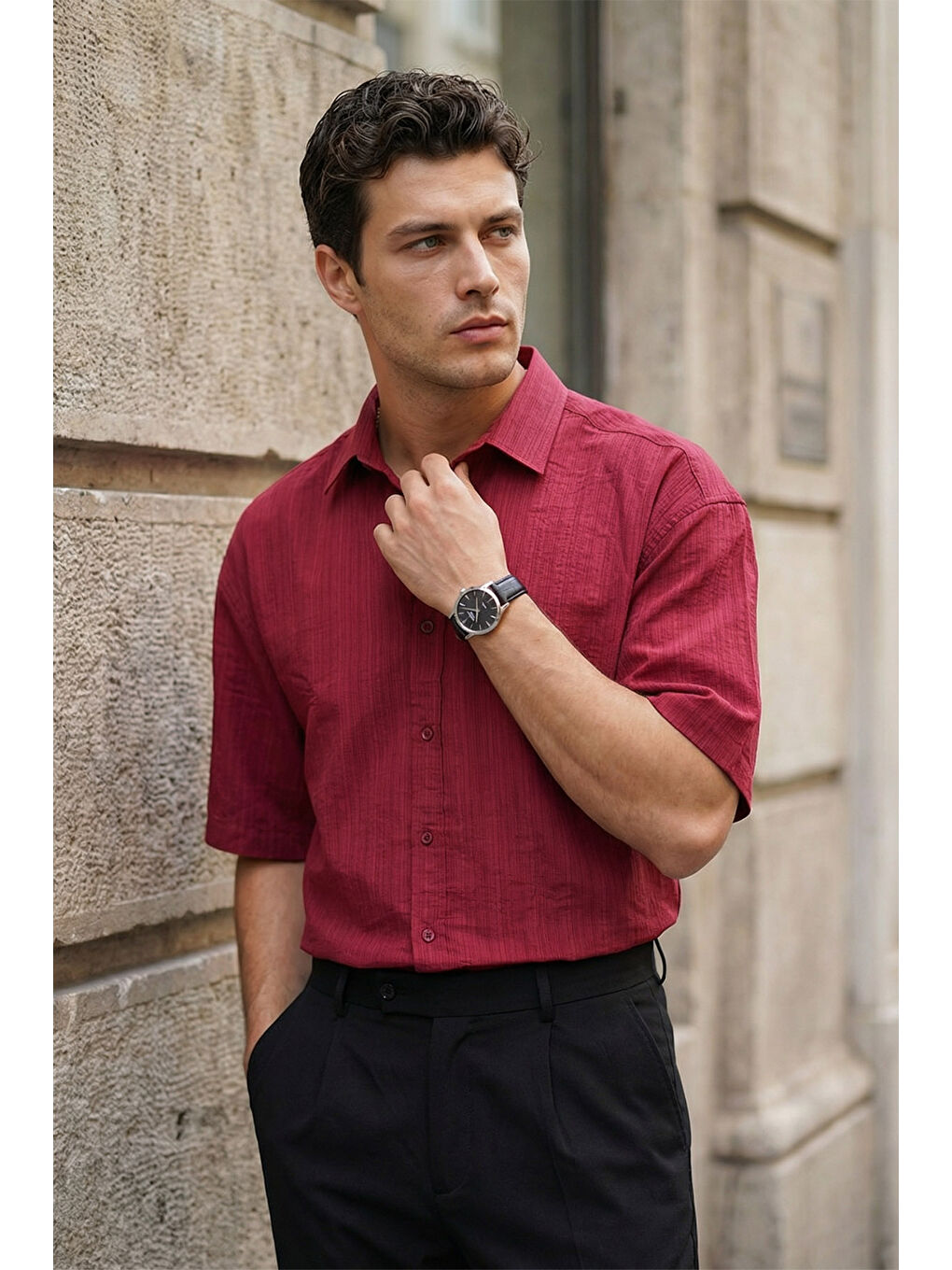 Bordo Saga Yüksek Kalite Modal Erkek Kısa Kol Gömlek Premium Dokulu-2