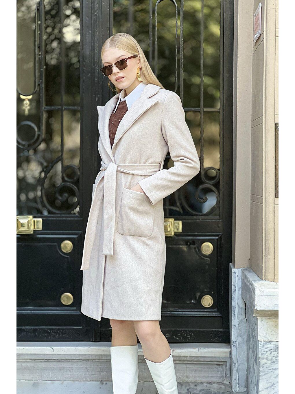 Bej Torba Cepli Kuşaklı Kaşe Kaban-2