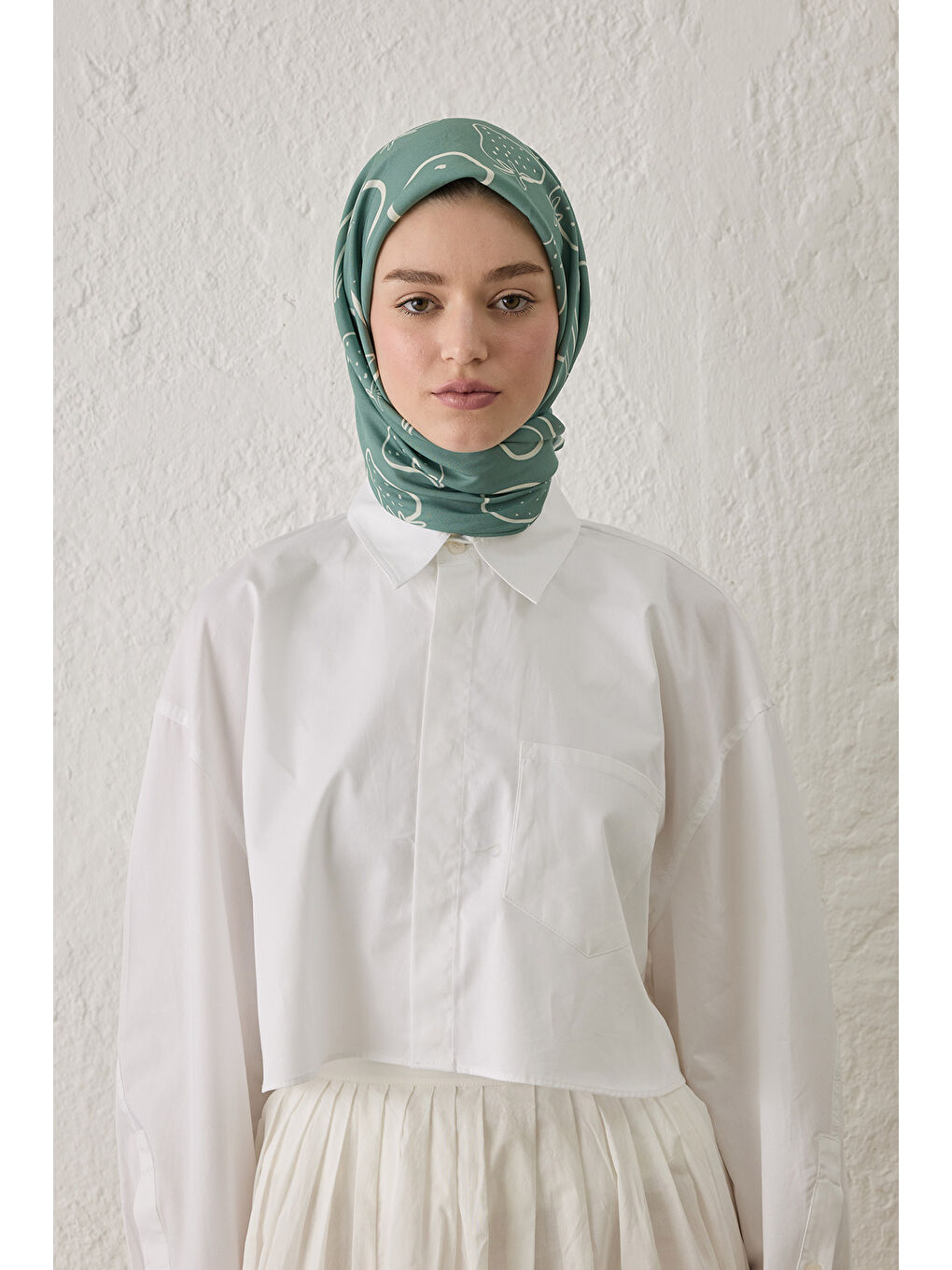 Yeşil Eloıse Desen Pamuk İpek Eşarp Deniz Köpüğü-2