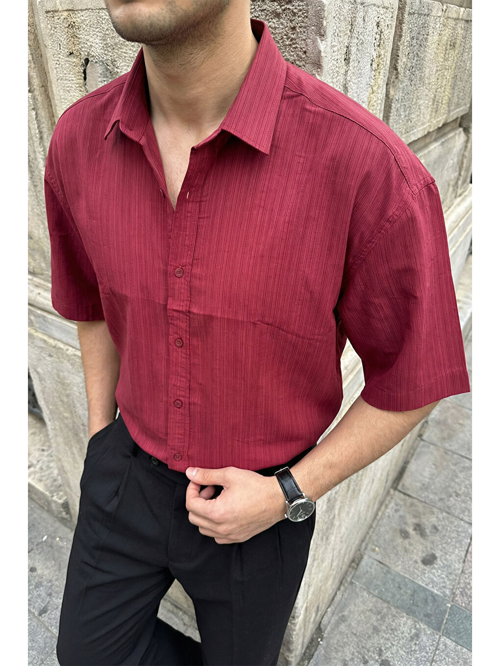 Bordo Saga Yüksek Kalite Modal Erkek Kısa Kol Gömlek Premium Dokulu-3