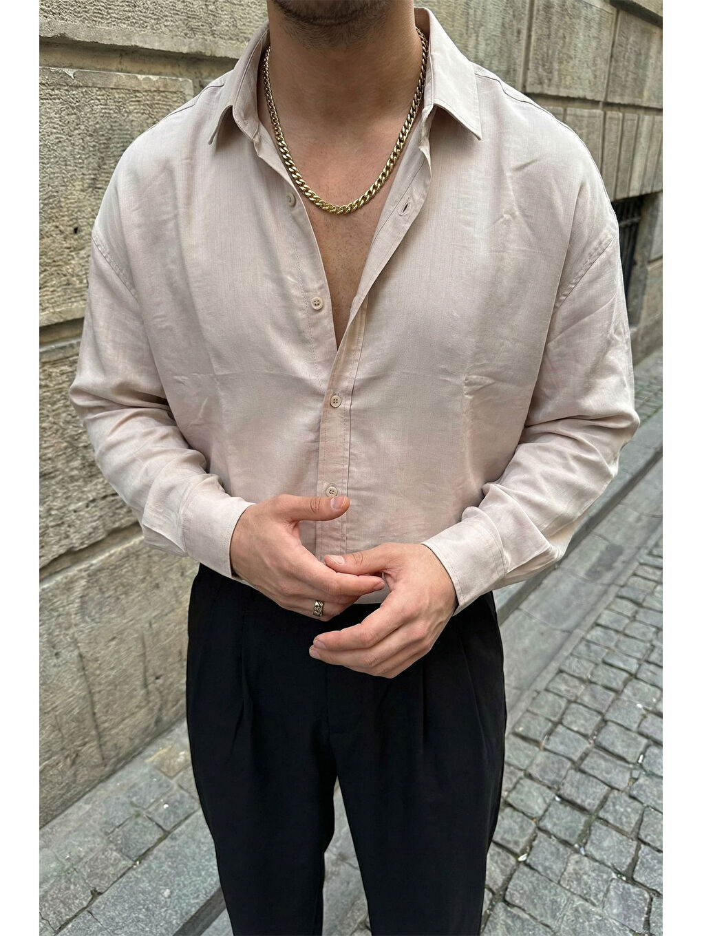 Ekru Hive Premium Oversize Erkek Gömlek Kendinden Çizgili-1