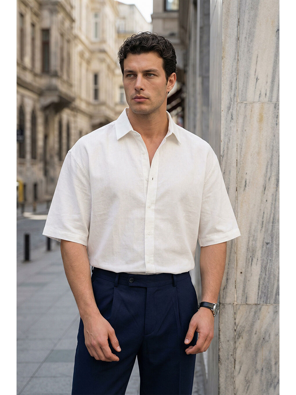 Beyaz Saga Yüksek Kalite Modal Erkek Kısa Kol Gömlek Premium Dokulu-3