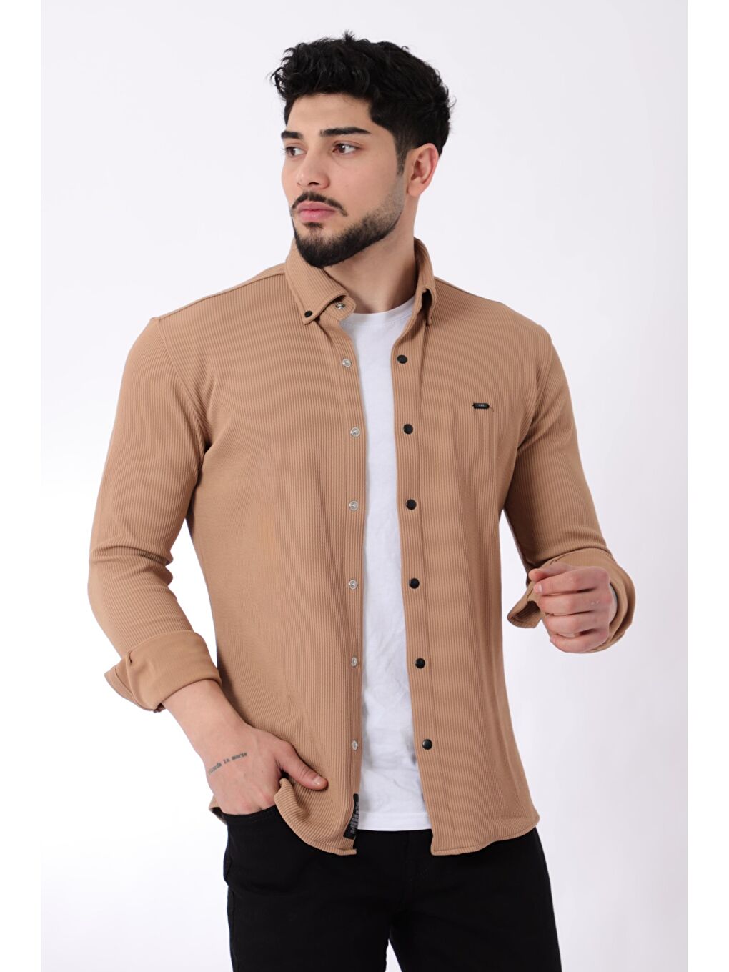 Stilkombin Açık Kahve Düz Slim Fit Örme Gömlek XC U16788_40297 - 3