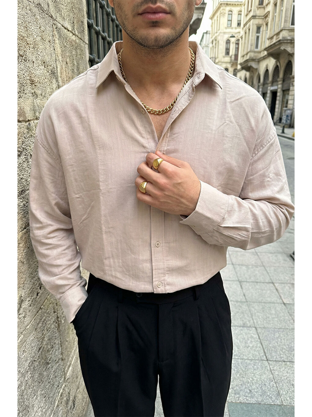 Ekru Hive Premium Oversize Erkek Gömlek Kendinden Çizgili-2