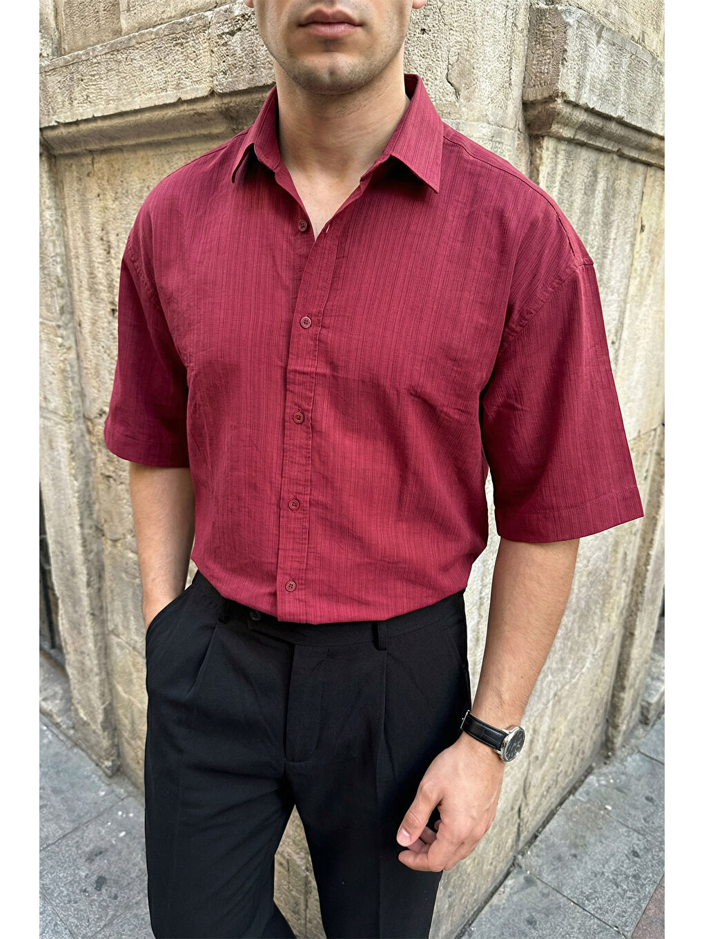 Bordo Saga Yüksek Kalite Modal Erkek Kısa Kol Gömlek Premium Dokulu-4