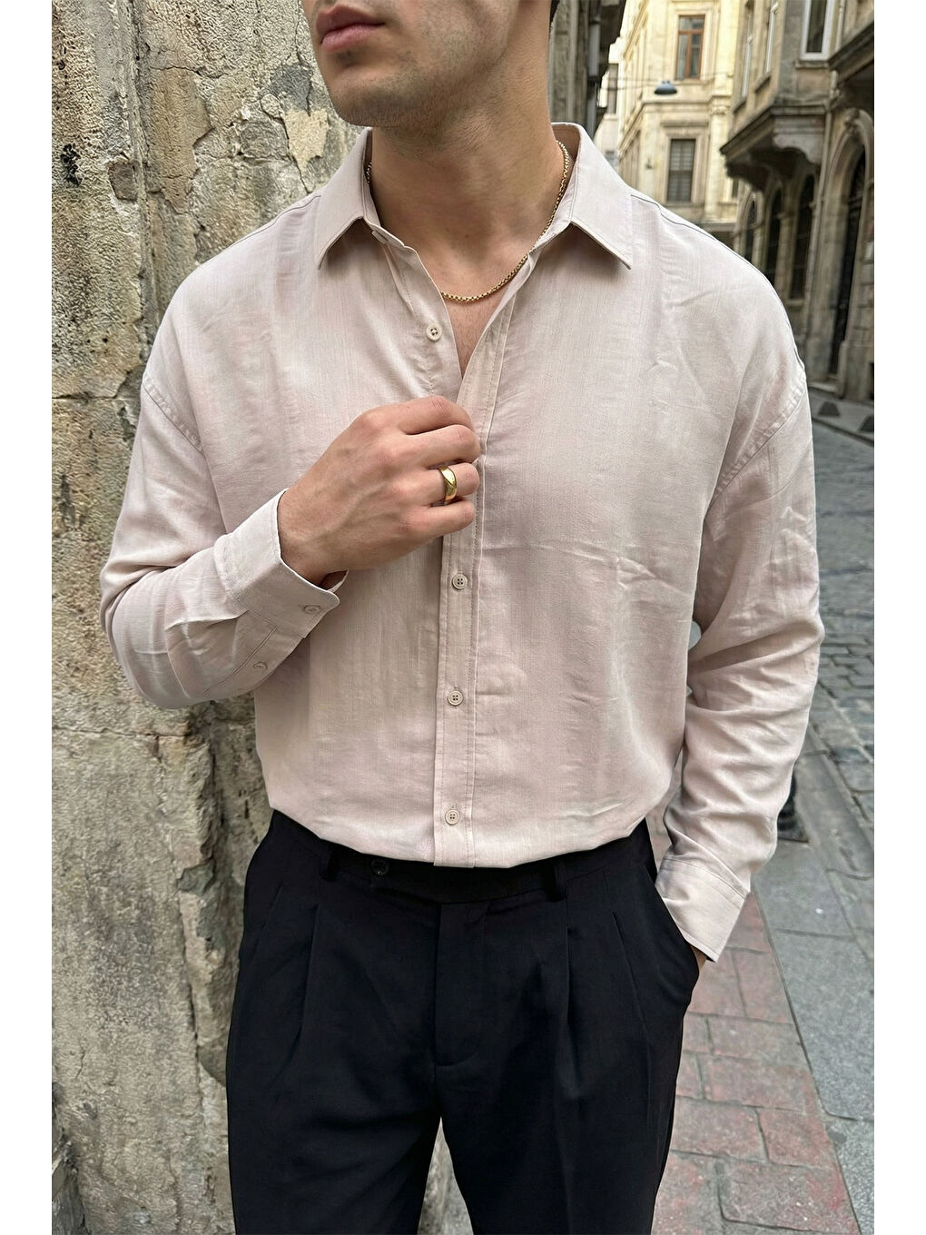 Ekru Hive Premium Oversize Erkek Gömlek Kendinden Çizgili-3