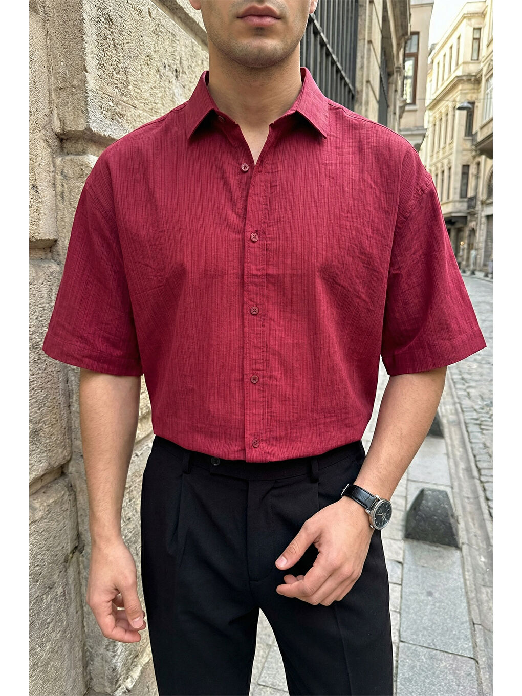 Bordo Saga Yüksek Kalite Modal Erkek Kısa Kol Gömlek Premium Dokulu-5