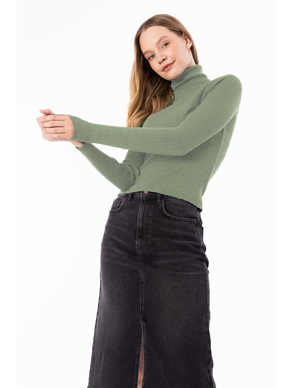 Boğazlı Yaka Düz Triko Kazak - Yeşil Renk