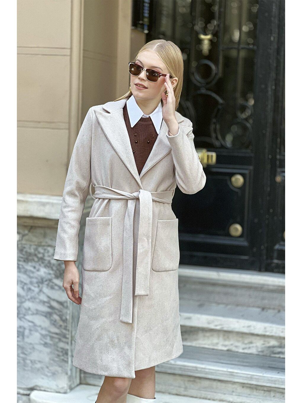 Bej Torba Cepli Kuşaklı Kaşe Kaban-3