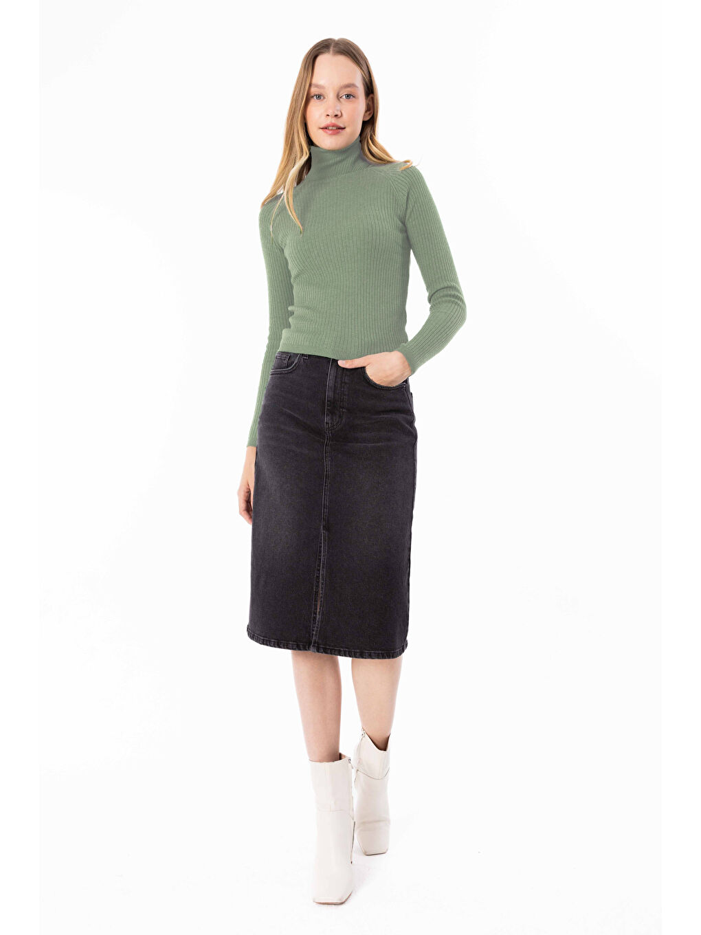 Boğazlı Yaka Düz Triko Kazak - Yeşil Renk-1