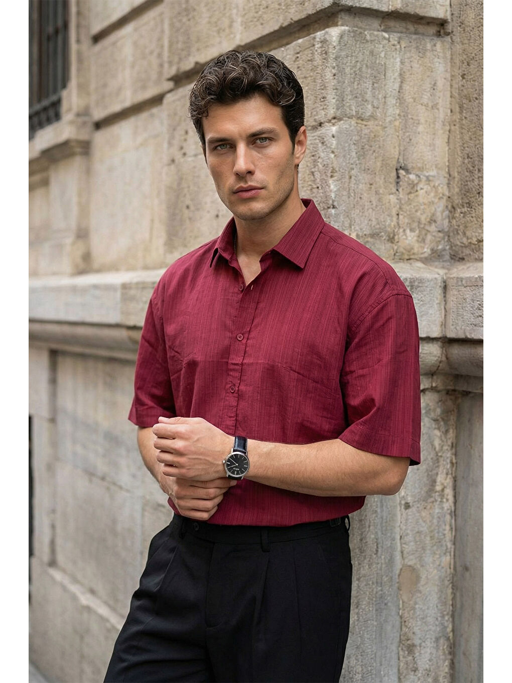 Bordo Saga Yüksek Kalite Modal Erkek Kısa Kol Gömlek Premium Dokulu-6