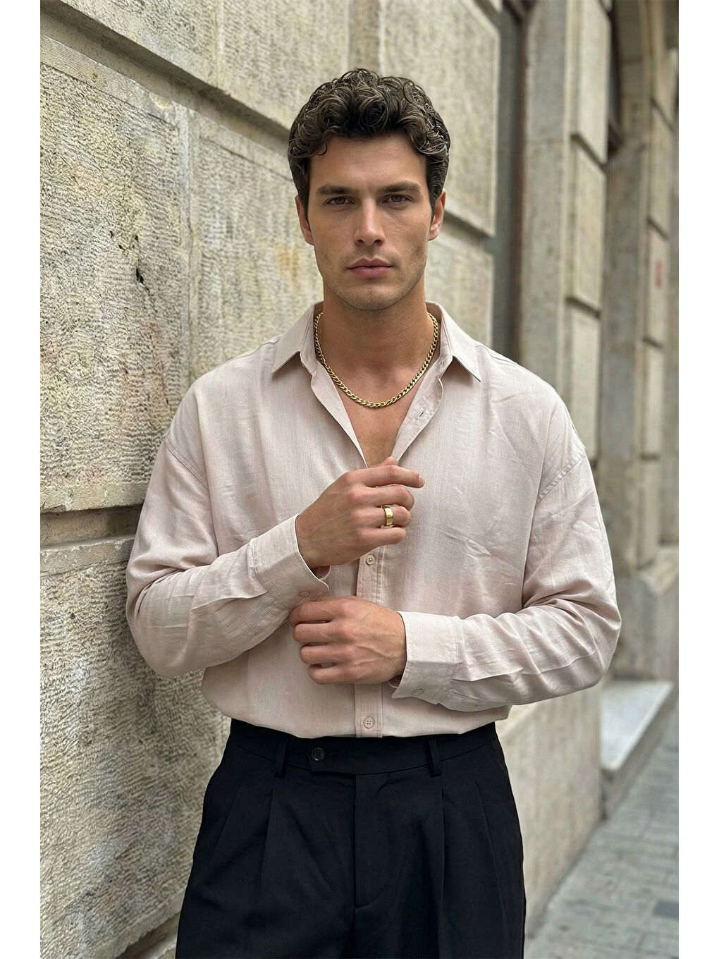 Ekru Hive Premium Oversize Erkek Gömlek Kendinden Çizgili-4