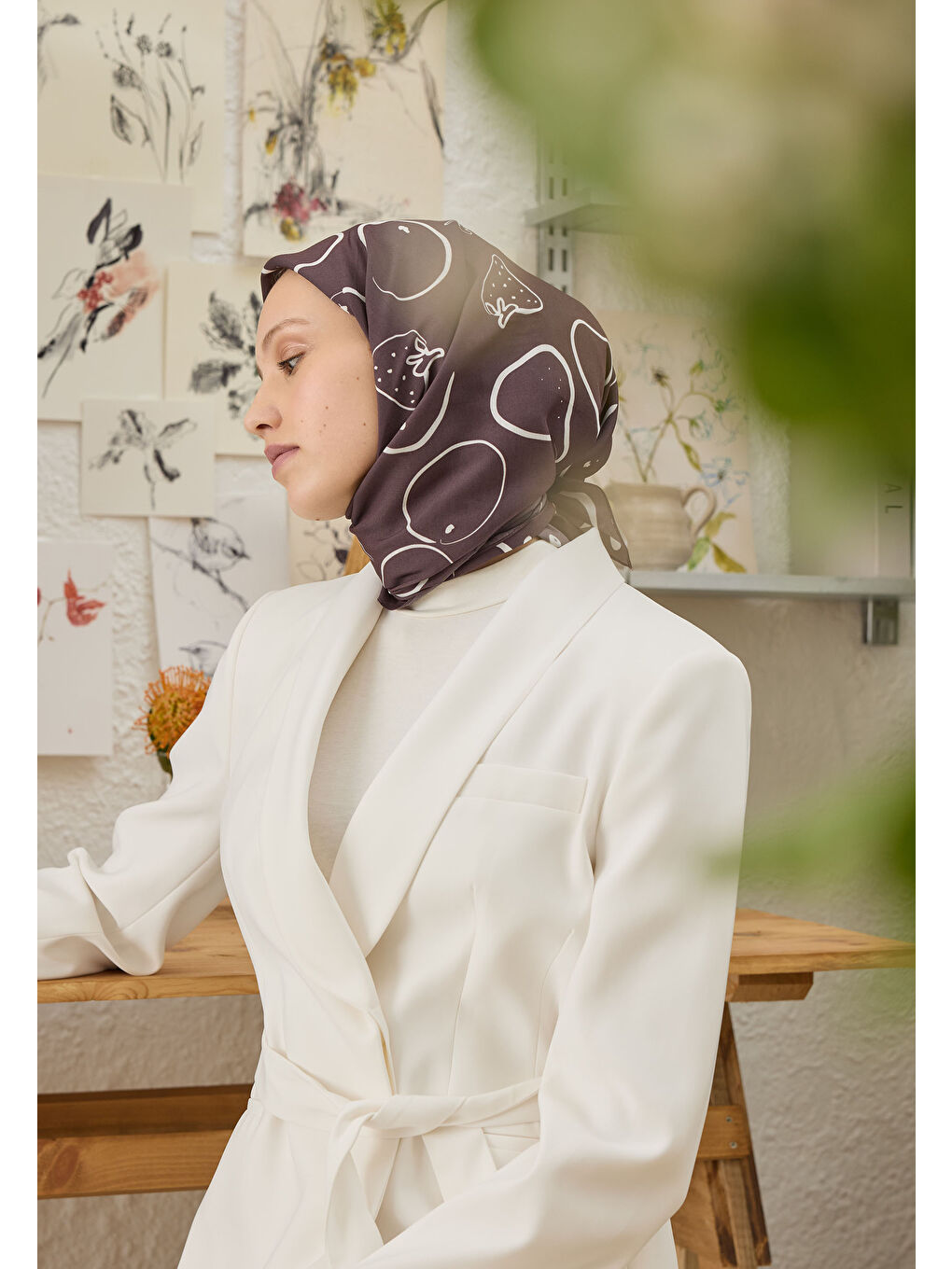 Eloıse Desen Pamuk İpek Eşarp Koyu Mürdüm-1