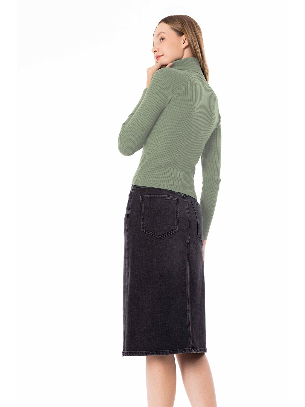 Boğazlı Yaka Düz Triko Kazak - Yeşil Renk-3