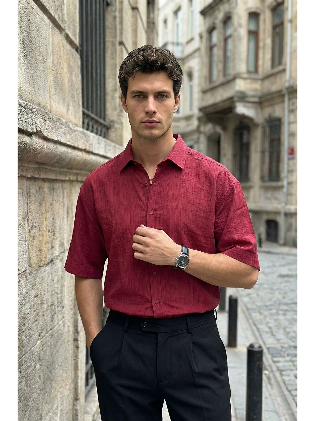 Bordo Saga Yüksek Kalite Modal Erkek Kısa Kol Gömlek Premium Dokulu-7
