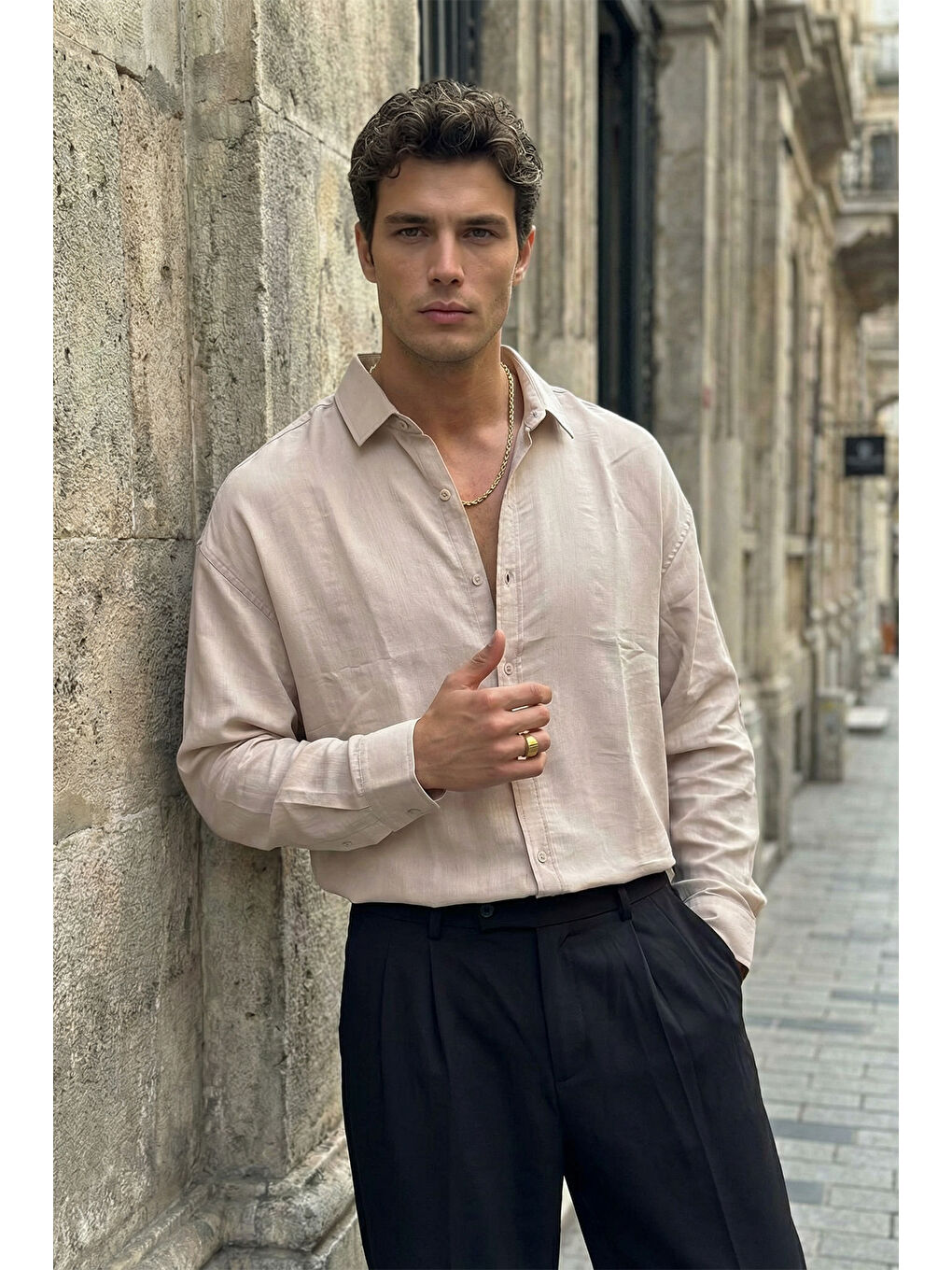 Ekru Hive Premium Oversize Erkek Gömlek Kendinden Çizgili-5