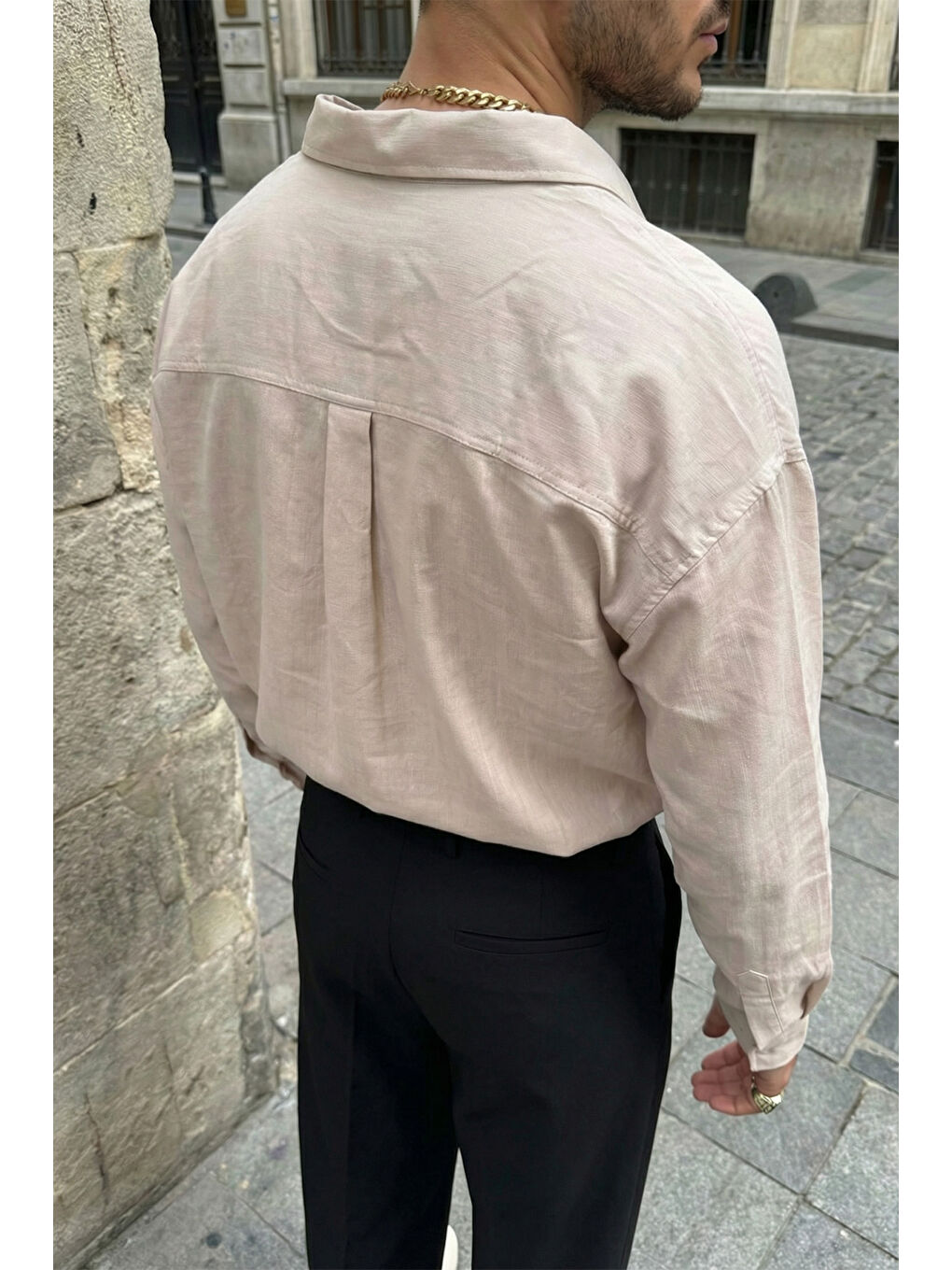 Ekru Hive Premium Oversize Erkek Gömlek Kendinden Çizgili-6