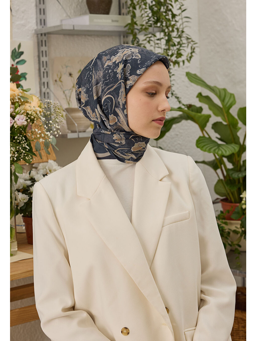 Elora Desen Pamuk İpek Eşarp Antrasit-1