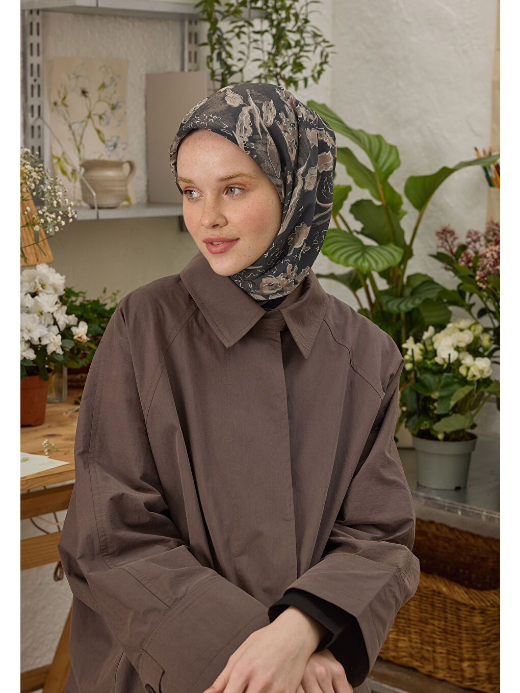 Kahverengi Elora Desen Pamuk İpek Eşarp Kahve-1