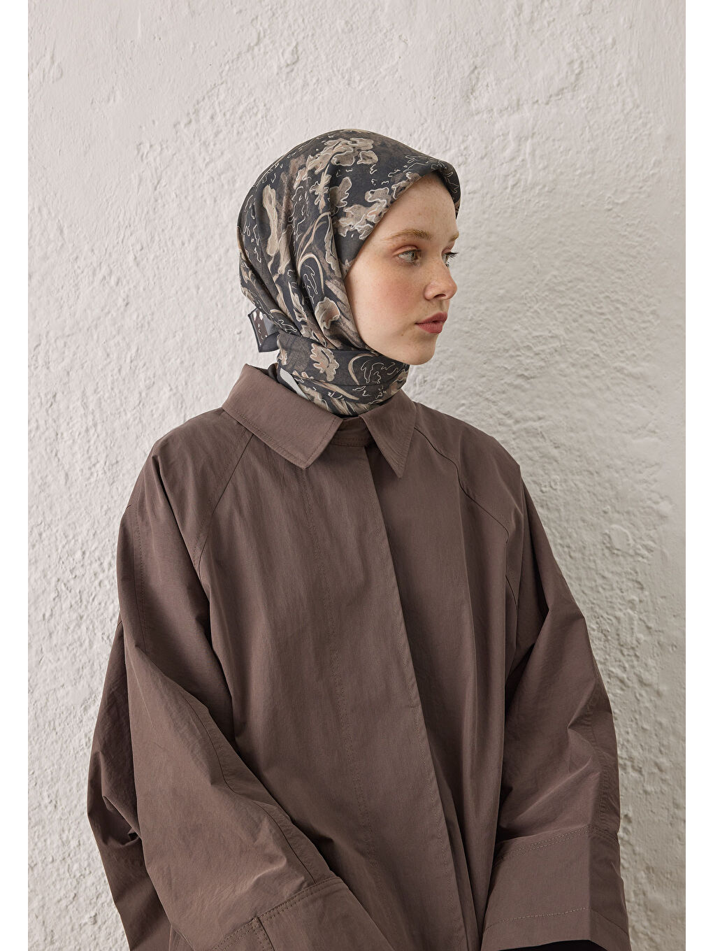 Kahverengi Elora Desen Pamuk İpek Eşarp Kahve-3