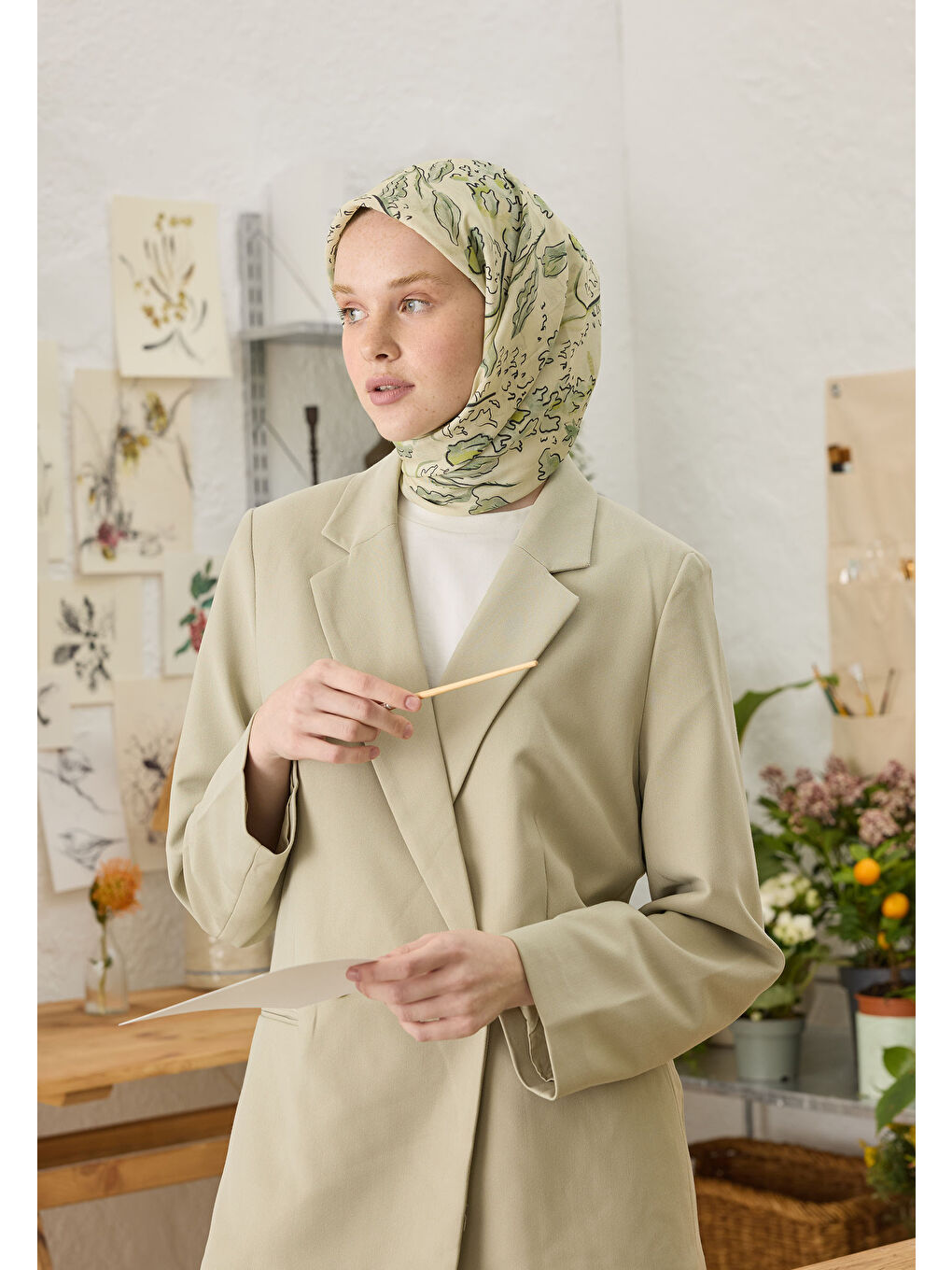 Elora Desen Pamuk İpek Eşarp Yeşil-1