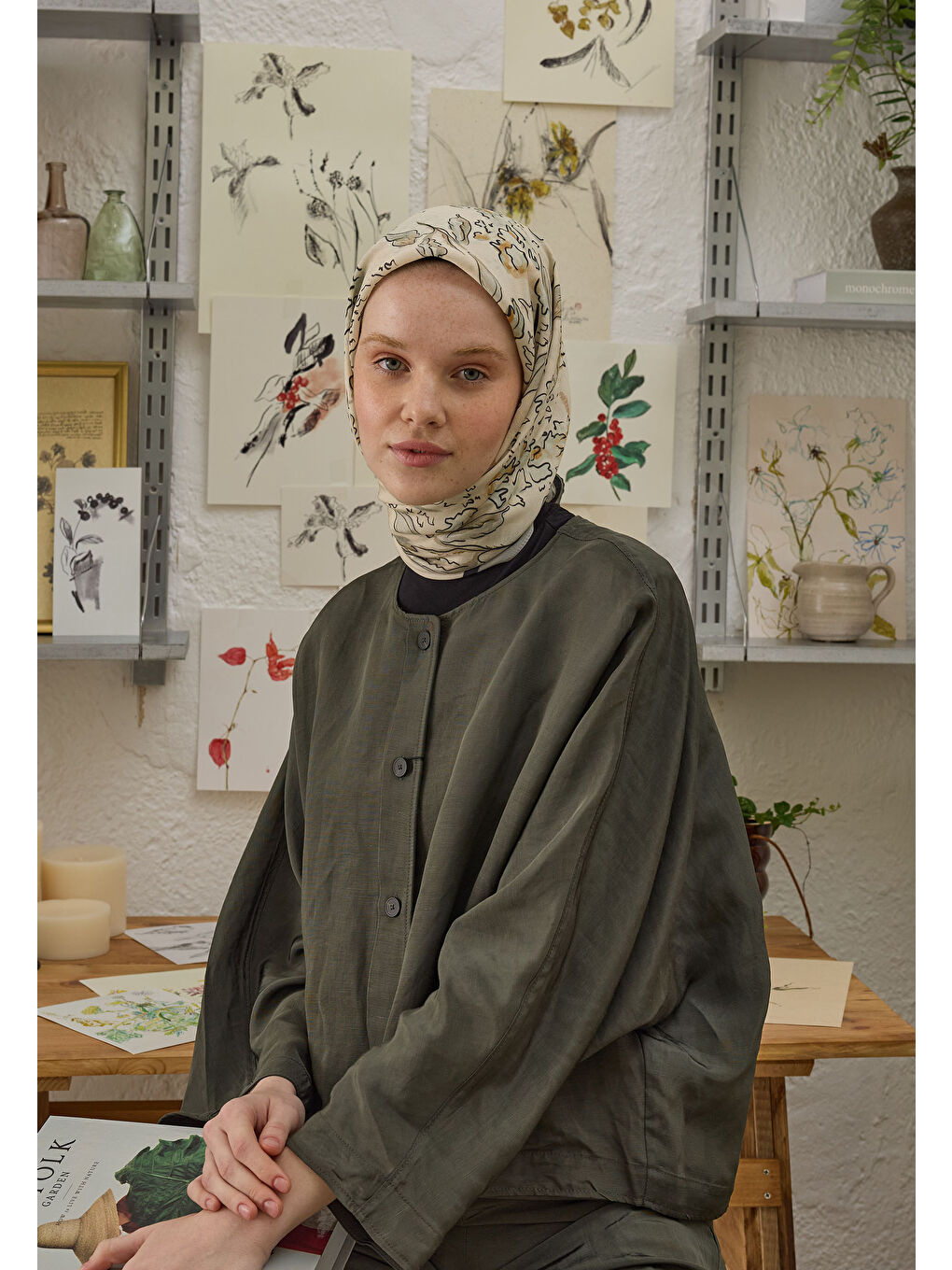 Yeşil Elora Desen Pamuk İpek Eşarp Adaçayı-1