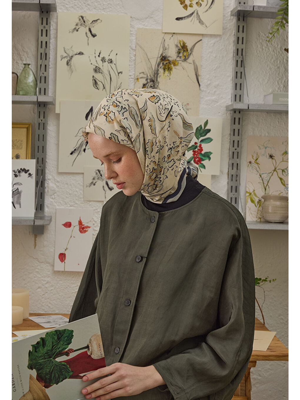 Yeşil Elora Desen Pamuk İpek Eşarp Adaçayı-2