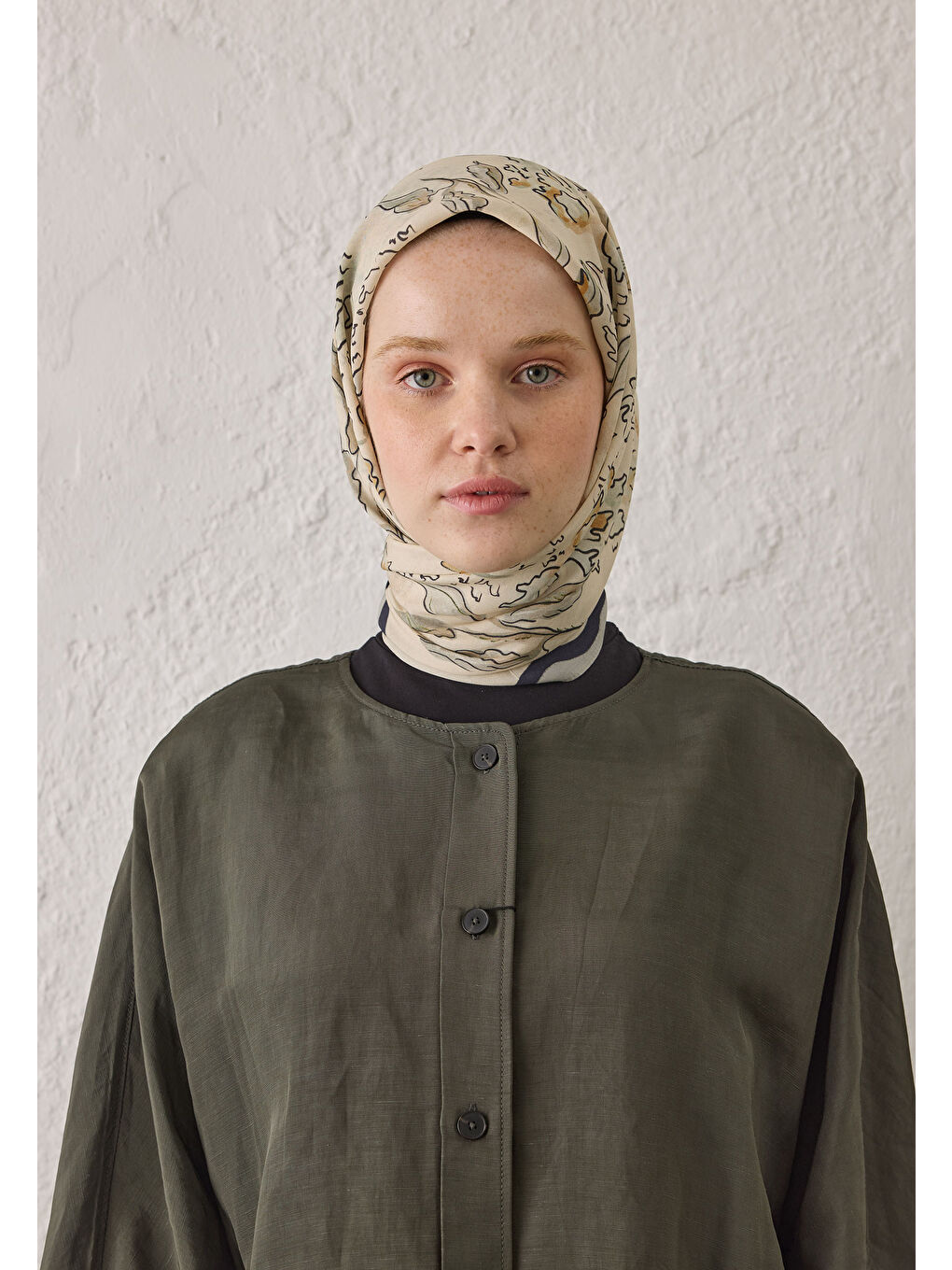 Yeşil Elora Desen Pamuk İpek Eşarp Adaçayı-3