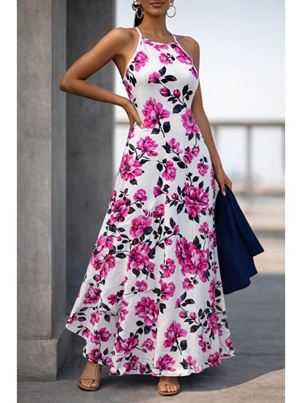 Pembe Kadın Omuzlardan Açık Ip Askılı Desenli Uzun Süprem Elbise-1