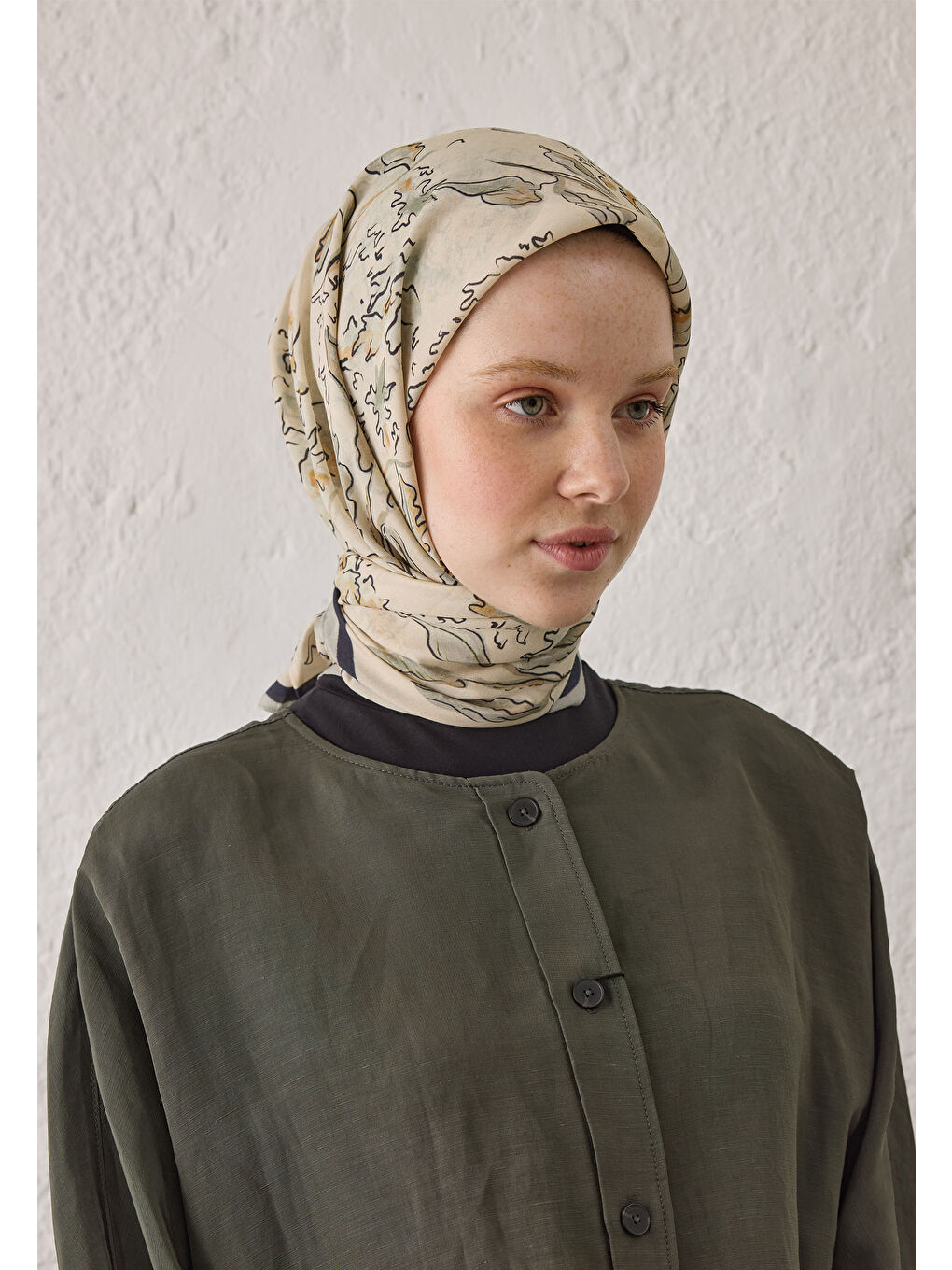 Yeşil Elora Desen Pamuk İpek Eşarp Adaçayı-4