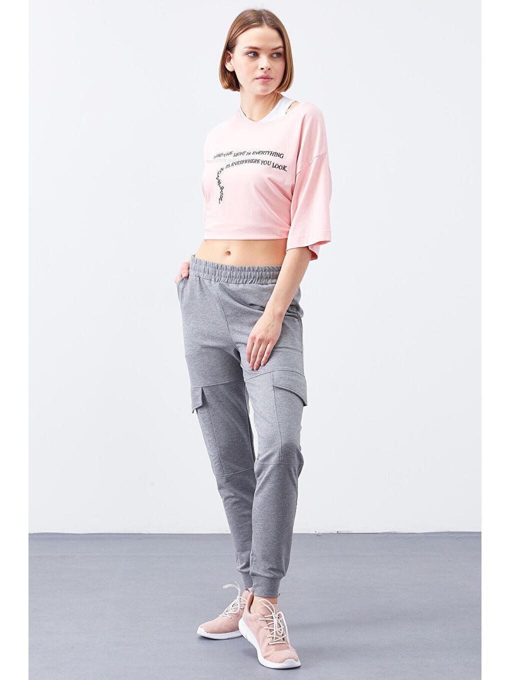 Gri Melanj Kargo Cep Rahat Form Manşetli Kadın Eşofman Alt - 94581-4