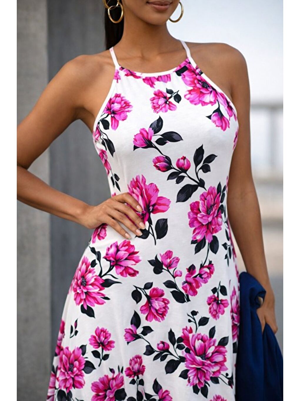 Pembe Kadın Omuzlardan Açık Ip Askılı Desenli Uzun Süprem Elbise-2