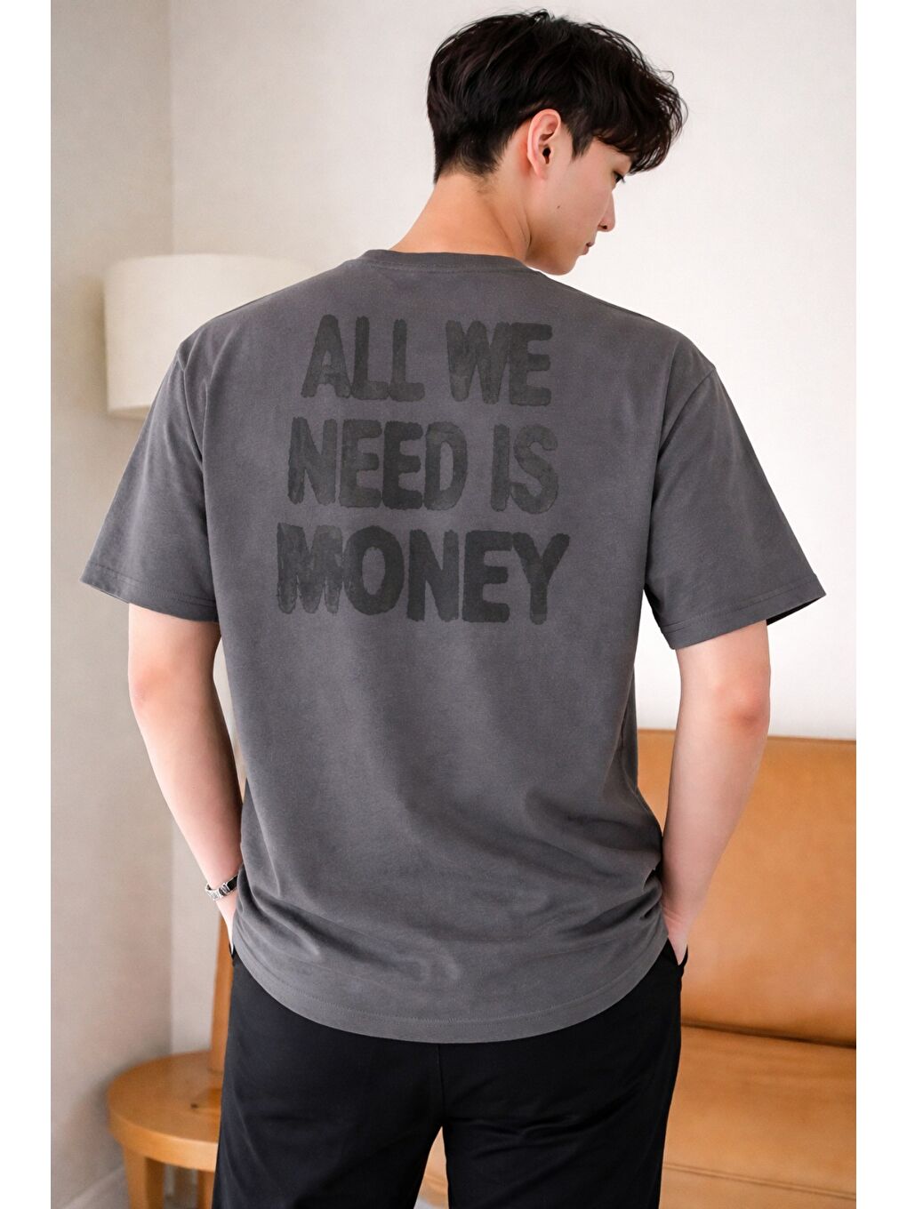 Gri Erkek Oversize Tişört Baskılı “All We Need Is Money” Yazılı Basic Streetwear T-Shirt