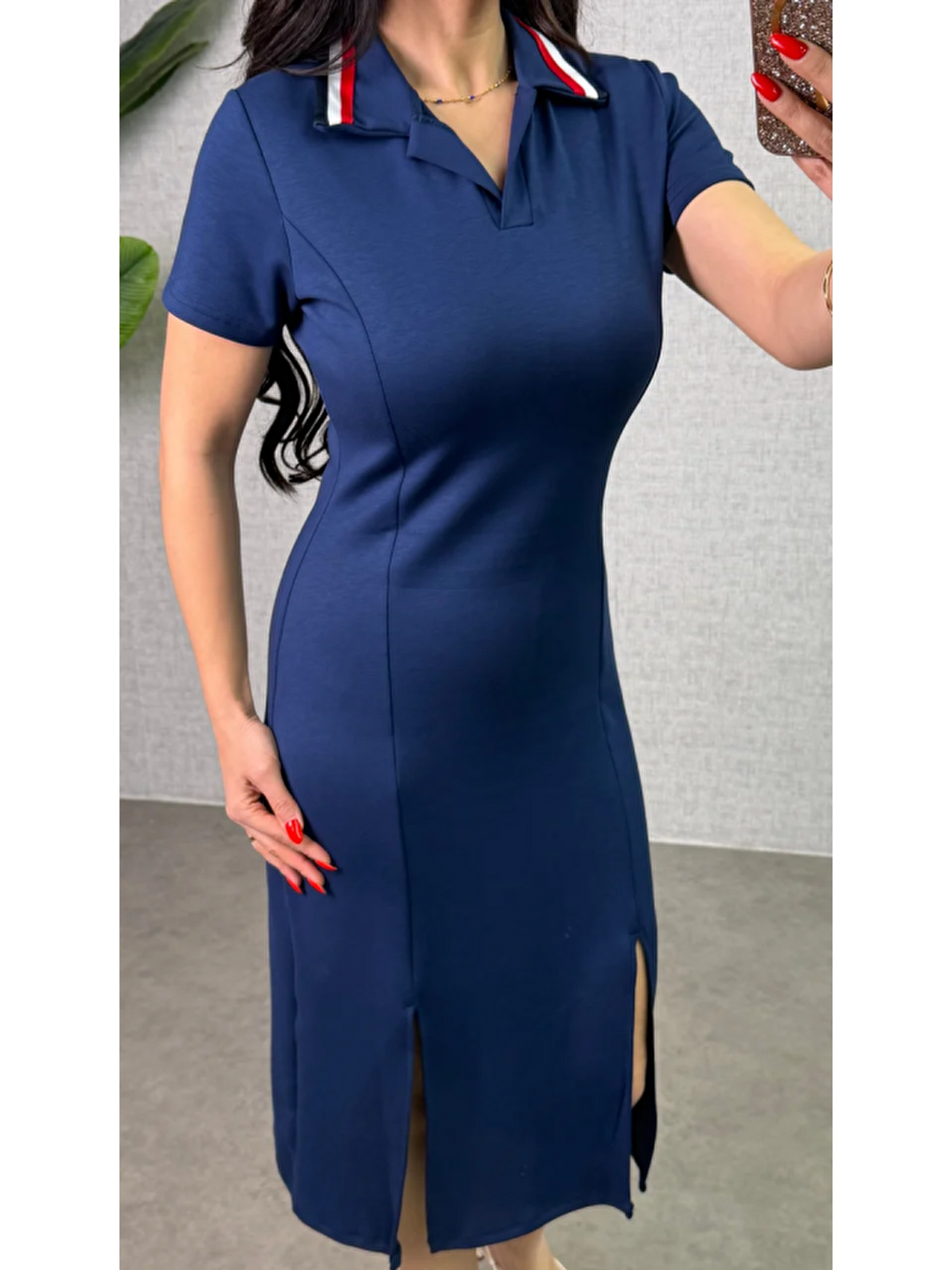 Mavi Kadın Polo Yaka çift Yırtmaç Detay Modal Kumaş Midi Boy Elbise-1