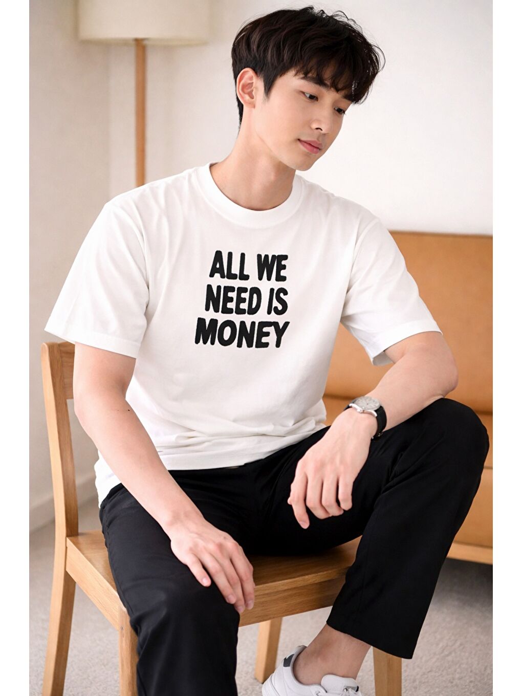 Beyaz Erkek Oversize Tişört Baskılı “All We Need Is Money” Yazılı Basic Streetwear T-Shirt-2