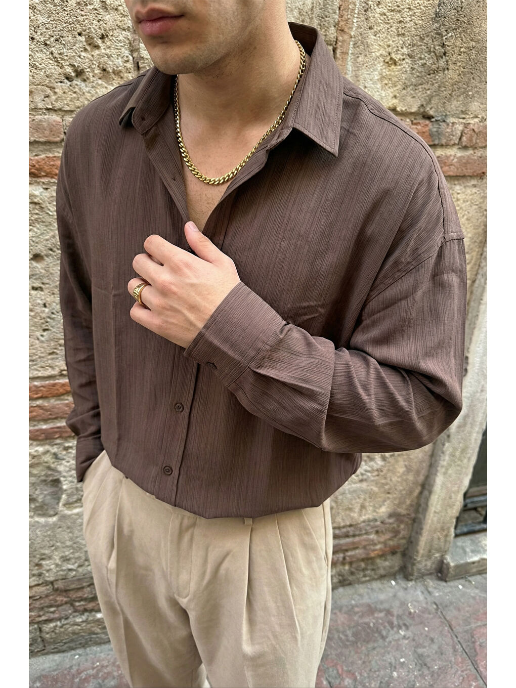 Kahverengi Hive Premium Oversize Erkek Gömlek Kendinden Çizgili-1