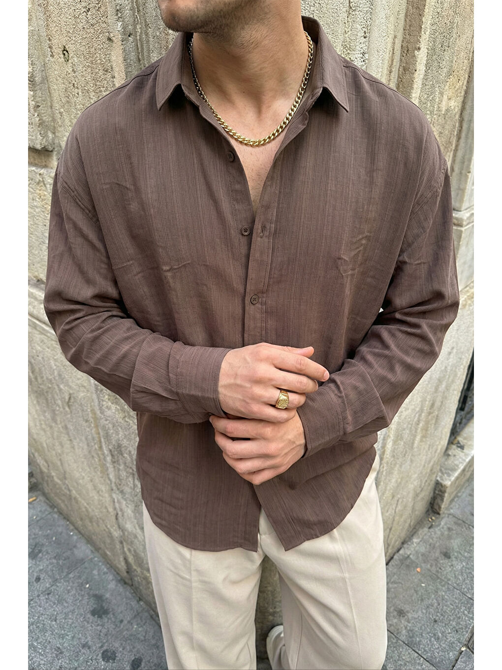 Kahverengi Hive Premium Oversize Erkek Gömlek Kendinden Çizgili-2