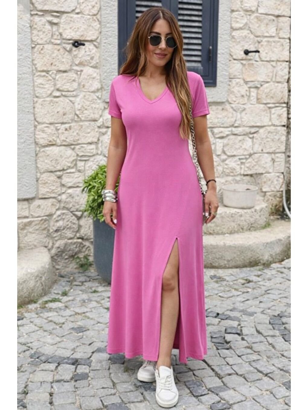 Pembe Kadın Kısa Kollu V Yakalı Maksi Boy Viskon Elbise