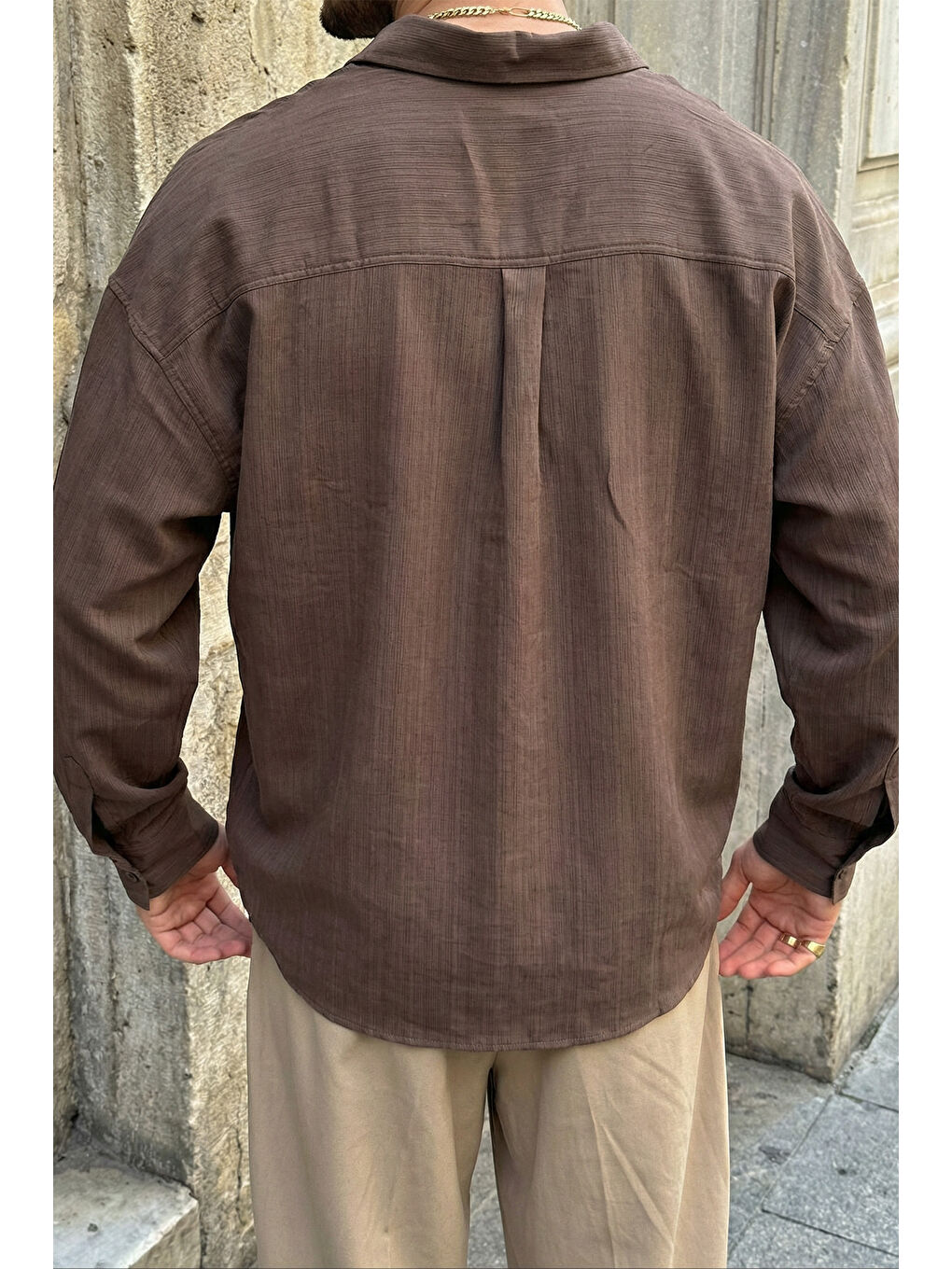 Kahverengi Hive Premium Oversize Erkek Gömlek Kendinden Çizgili-3