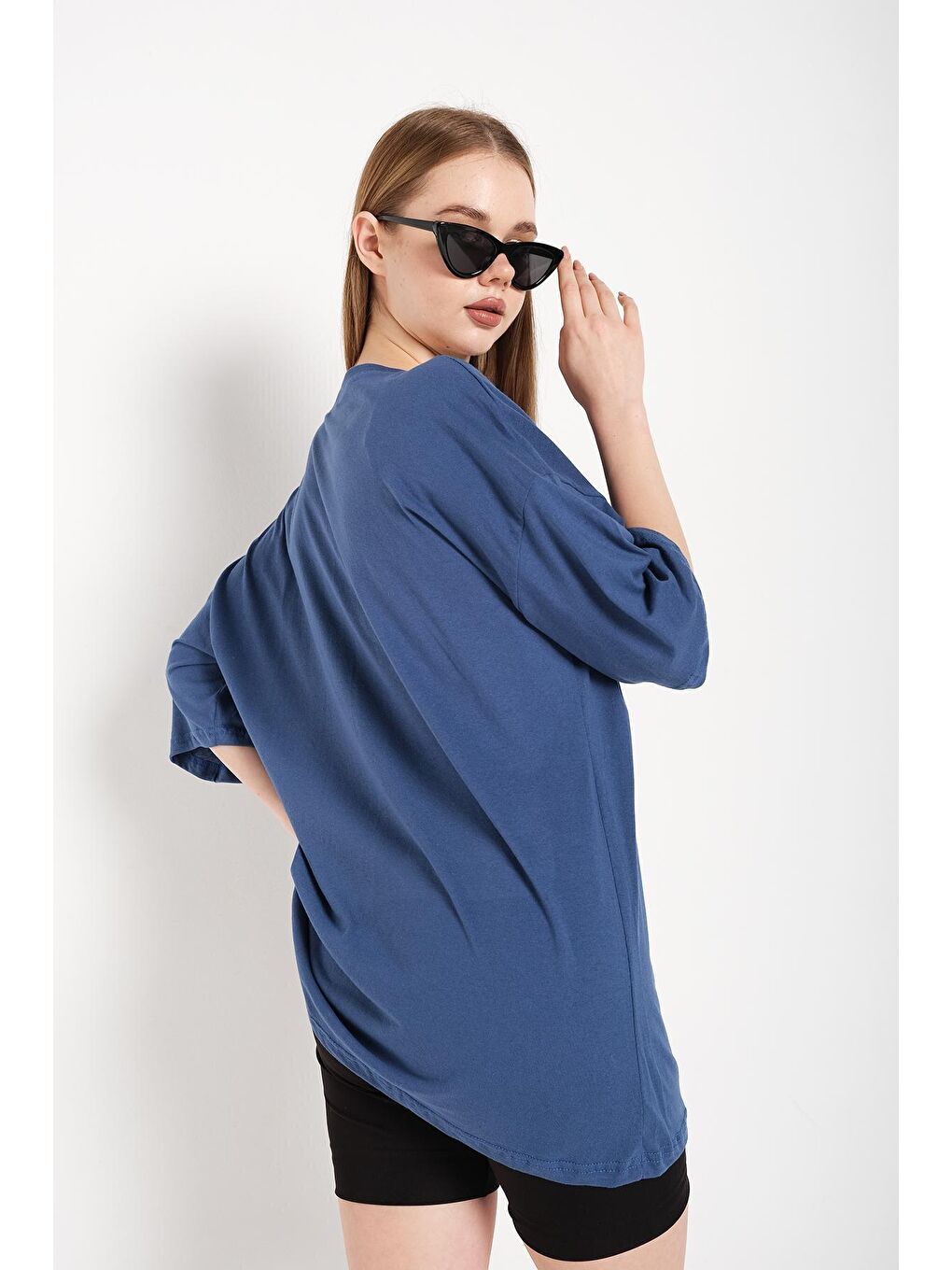 Trendseninle Kadın Indigo Mavi Oversize Sanfrancisco Est.1776 Tişört - 4